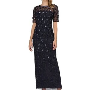 Adrianna Papell - 3D Floral Beaded  Short Sleeve Gown